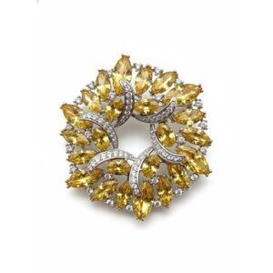 Elegant Gold Plated Floral Brooch Pin for Women Yellow & White Crystals